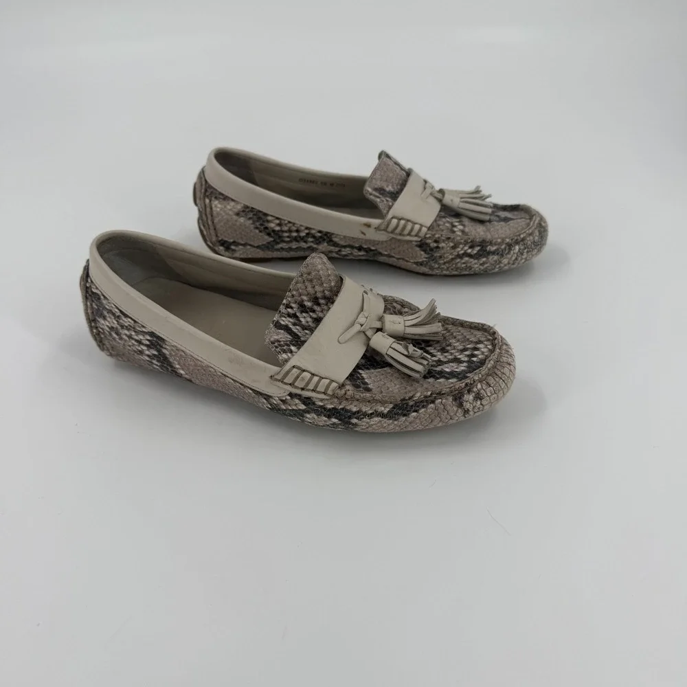 Cole Haan Driving Loafers Womens US 5B Brown Black Python Print Tassel Slip On